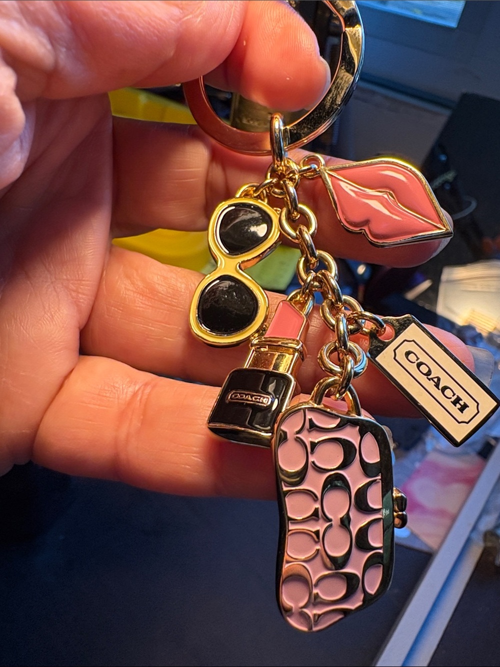 Coach Pink & Gold Enamel Lipstick, Sunglasses & Purse Charm Keyring